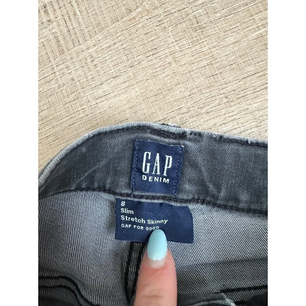 GAP Girls Size 8 Slim Stretch Skinny Gray Distressed Denim Jeans With Knee Rips